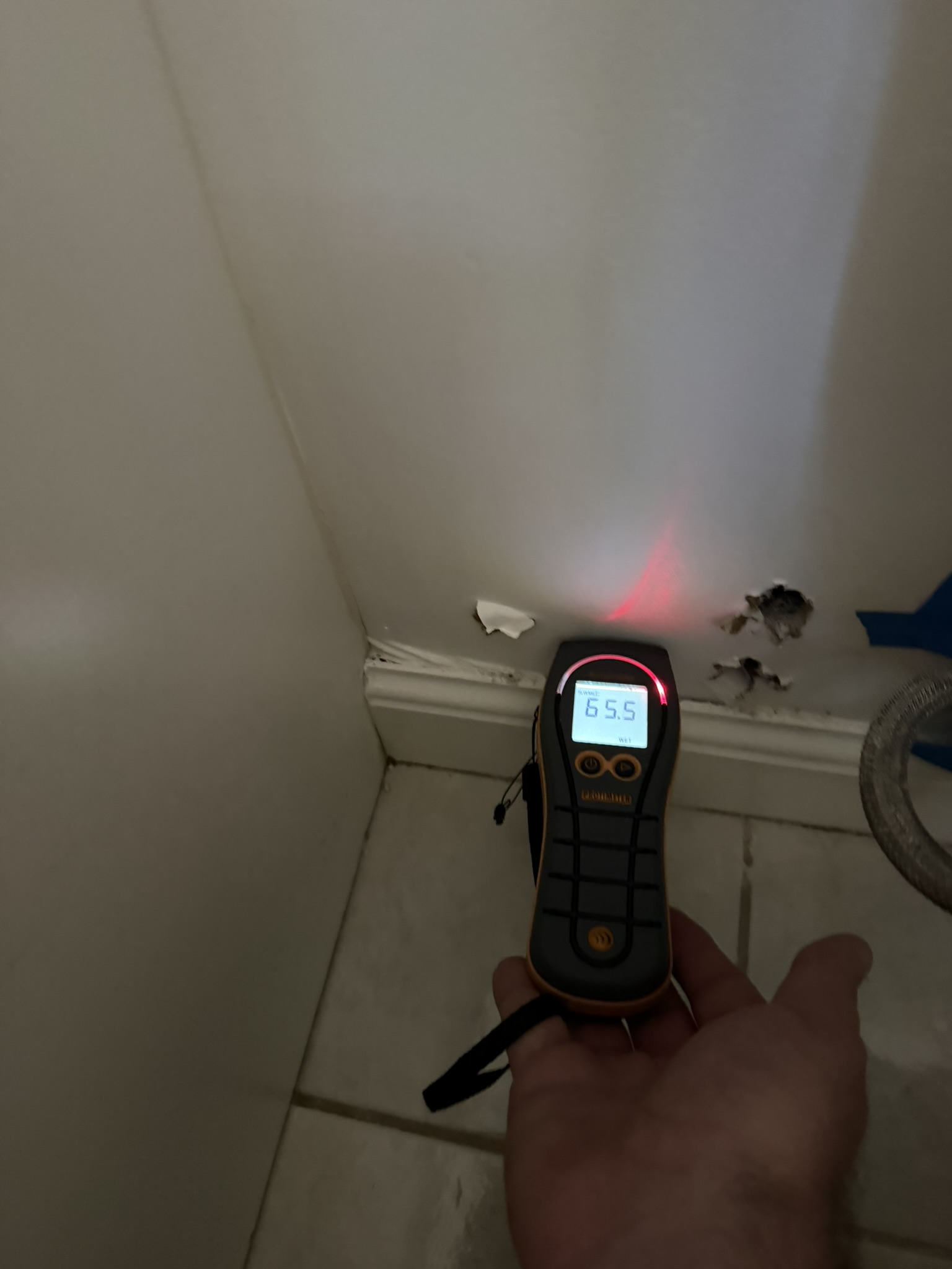 Moisture meter reading elevated levels on water-damaged baseboard